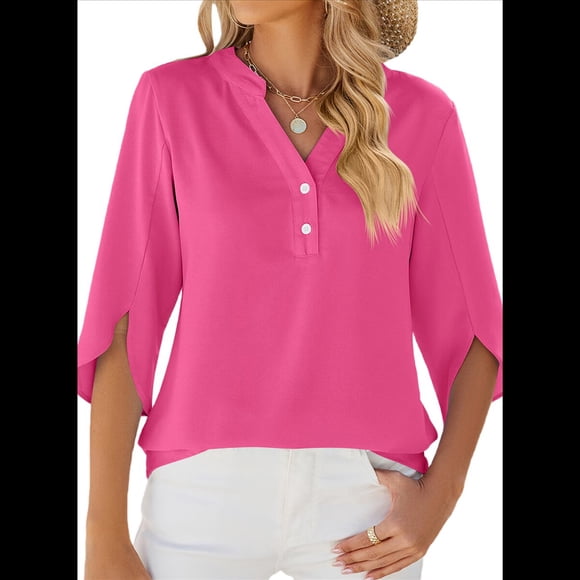 Blusa Informal de para Mujer, con Mangas 1/2 con Volantes, Cuello en V, Corte Holgado, Color Rosa y Rojo, Talla M