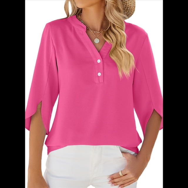 Blusa Informal de para Mujer, Cuello en V, 1/2 con Volantes, Corte Holgado, Color Rosa, Talla XL