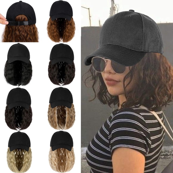 Qlenkay Gorra de béisbol con extensiones de cabello 14 pulgadas ondulado rizado Bob peinado peluca ajustable sombrero adjunto postizo sintético para mujer marrón medio