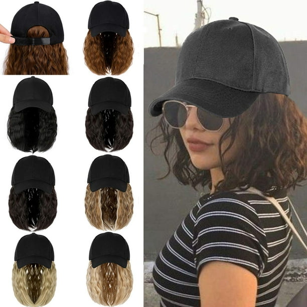 Qlenkay Gorra de béisbol con extensiones de cabello 14 pulgadas ondulado rizado Bob peinado peluca ajustable sombrero adjunto postizo sintético para mujer marrón medio