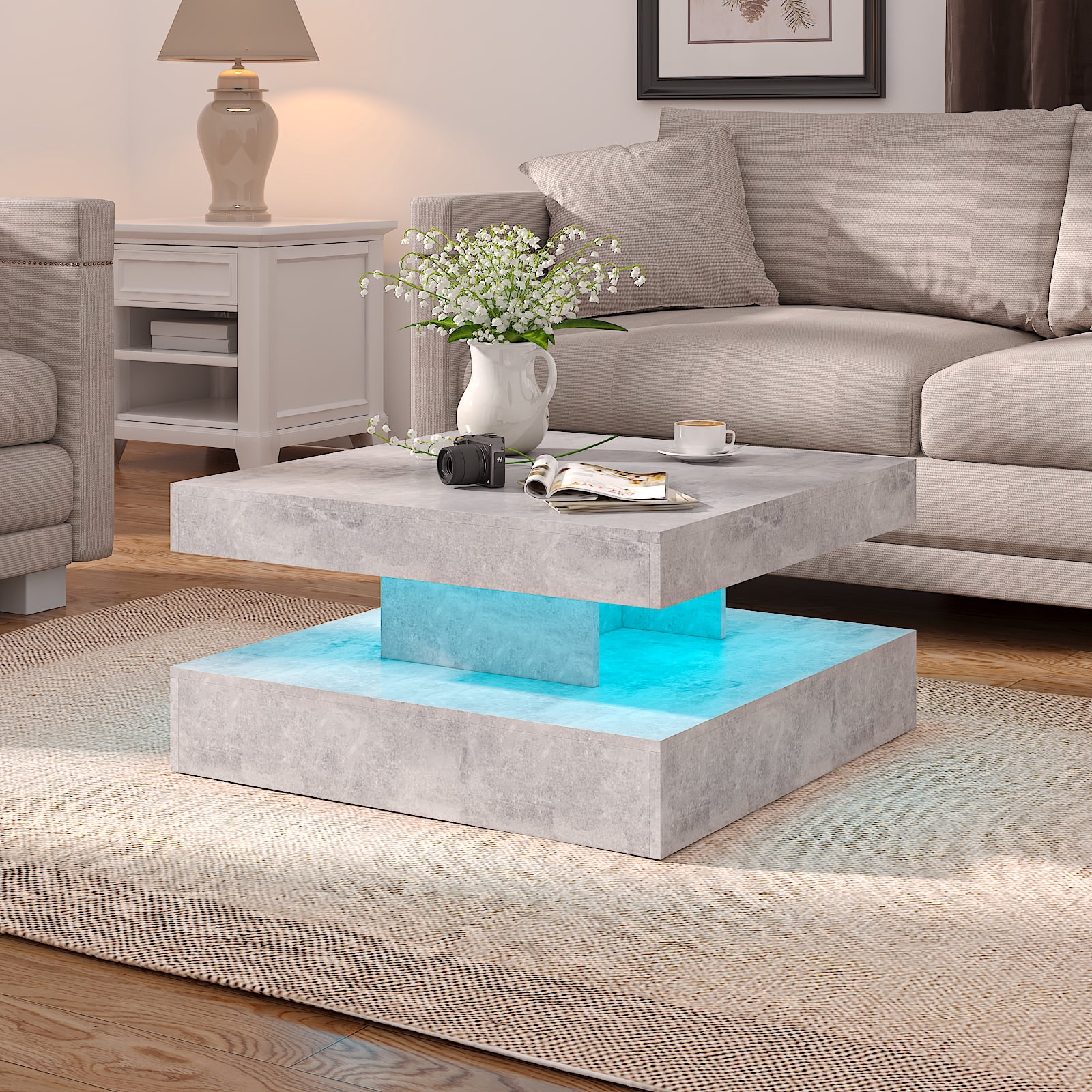 Hironpal Gray LED Coffee Table for Living Room,31" Living Room Center Table,2-Tier Square Modern Table with Storage,Gray