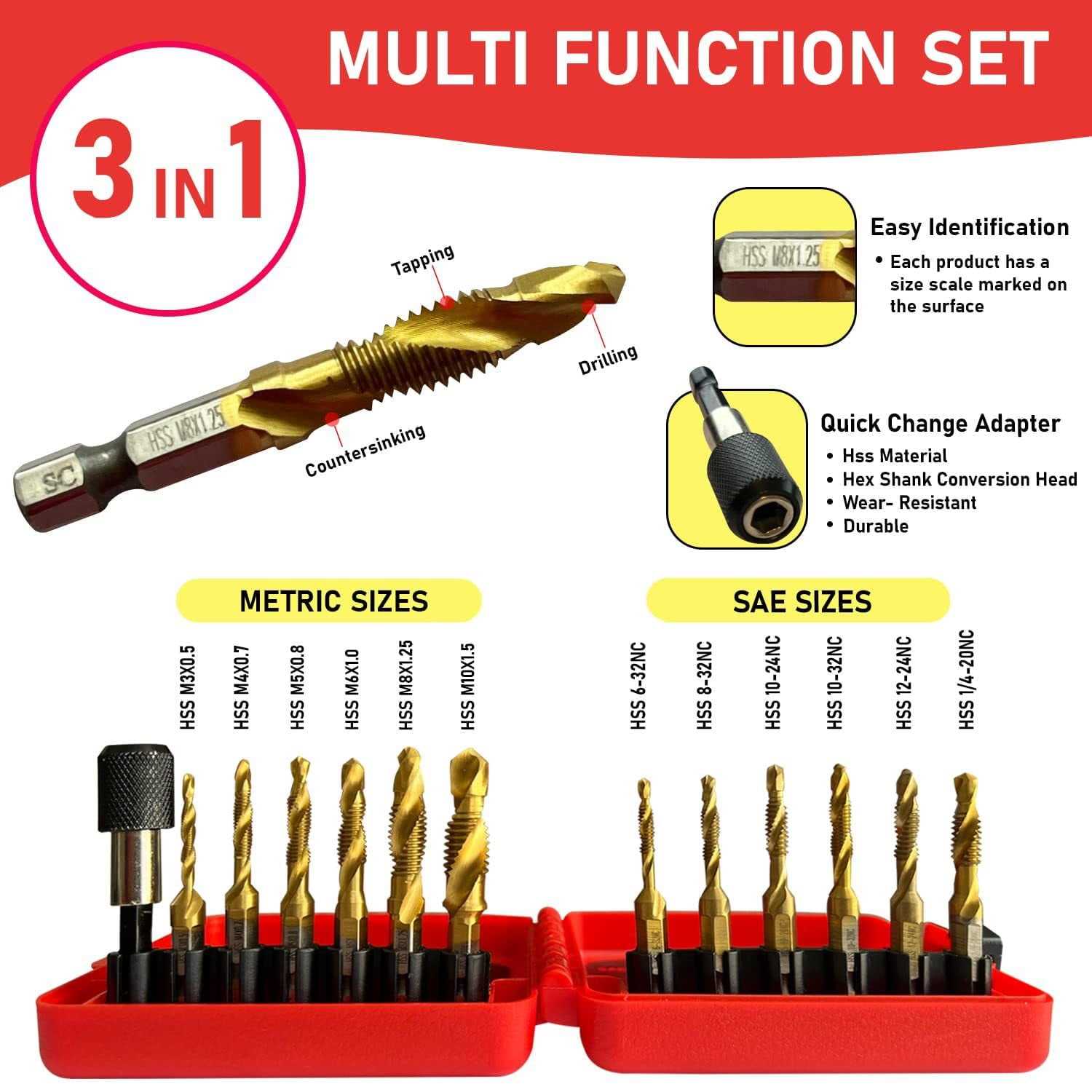 13 Pcs SAE/Metric Combination Drill Tap Bit Set Hex Shank Drill Bits Screw Tapping Bit Tool For Drilling Tapping Countersinking