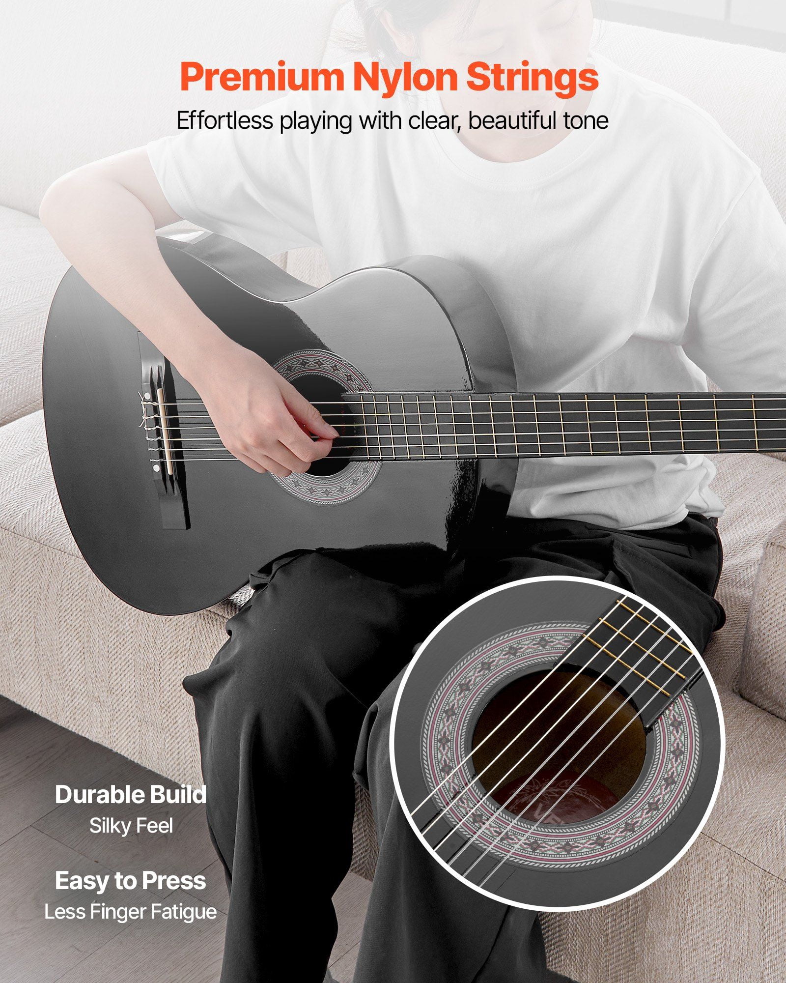 38 Inch Basswood Classical Guitar Beginner Kit with Nylon Strings Gig Bag Strap Tuner Extra Strings Picks Capo for Teenagers Adults Students Black