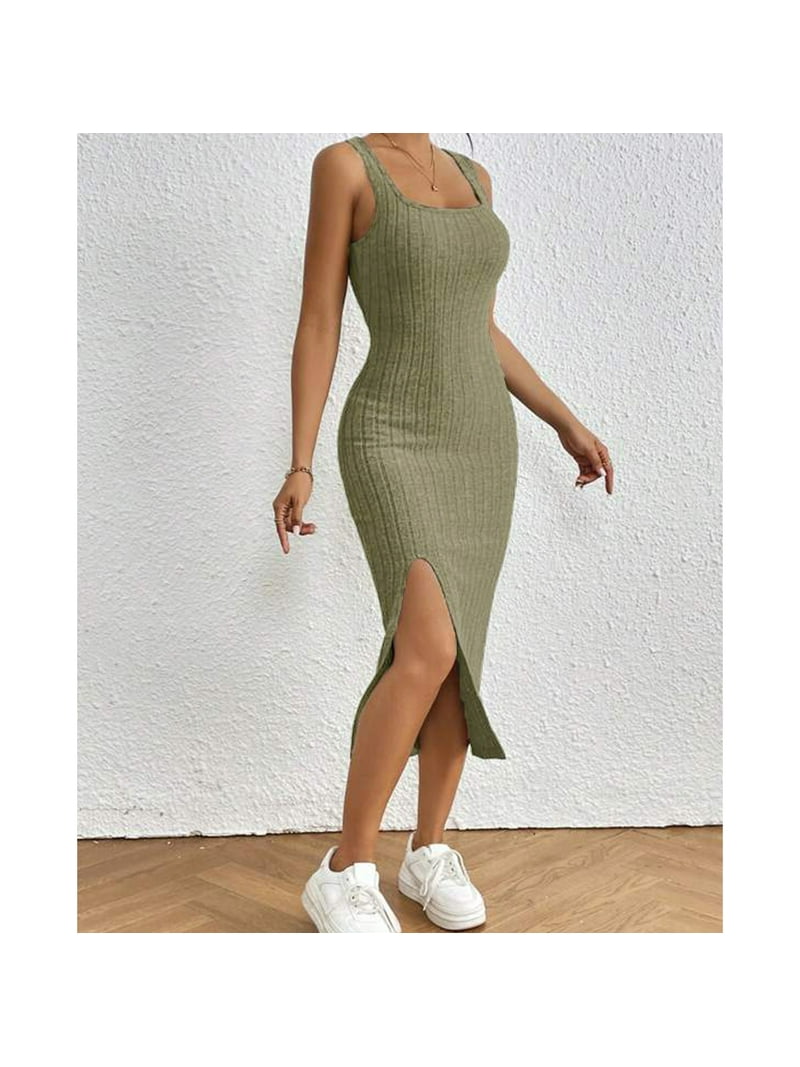 open lace back dress Women's Rib Knit Striped Bodycon Maxi Slip Dress main image 0