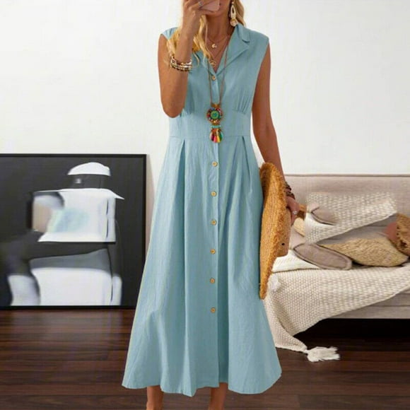 zanvin Summer Dresses 2023, Mode de Dégagement Women Automne Solide Causal Revers Col Sans Manches Vacances Bouton Dress