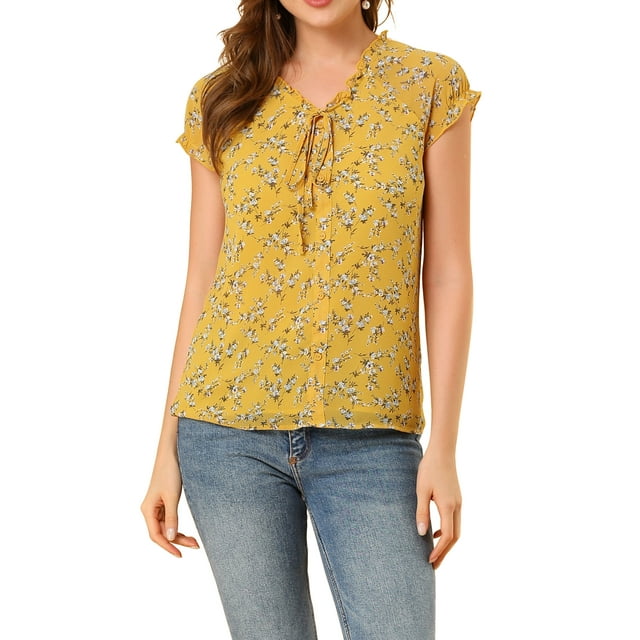 INSPIRE CHIC Blouse Fleurie pour Femme à Manches Courtes Cap, en Chiffon, Décontractée, à Volants, TP Jaune