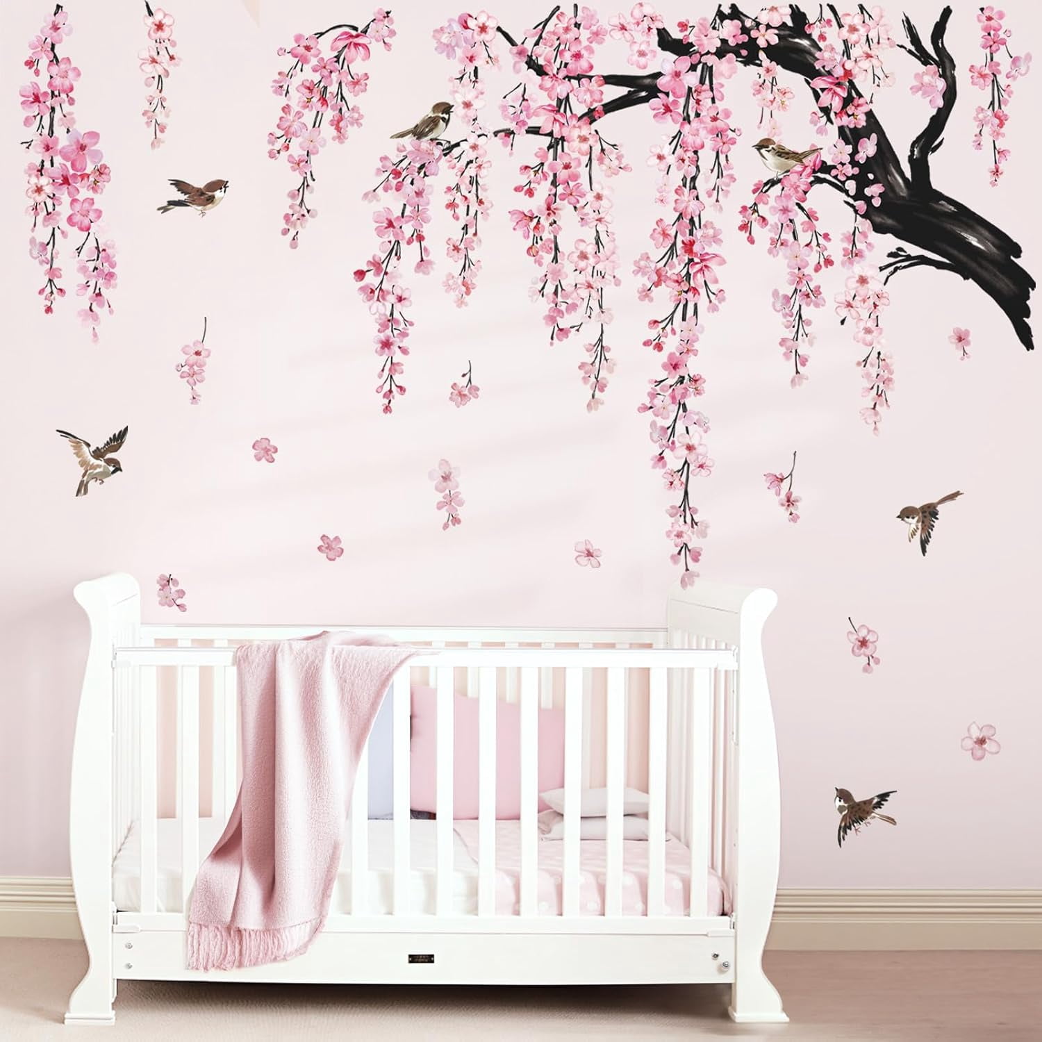 Large Flower Tree Branch Wall Stickers Pink Cherry Blossom Floral Birds Wall Art Decals Peel and Stick Wall Art Decals for Living Room Bedroom TV Wall (150cm*143cm)