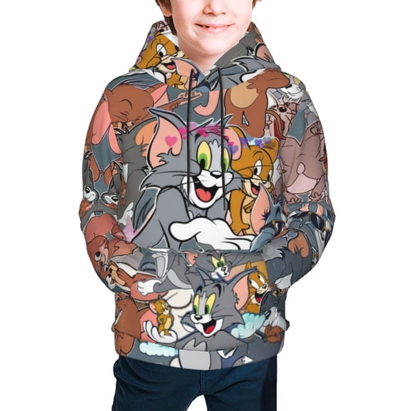Tom And Jerry Teen Boys Girls Hoodies 3D Printed Cool Long Sleeve Hooded Pullover Lightweight Sweatshirt for Kids Youth