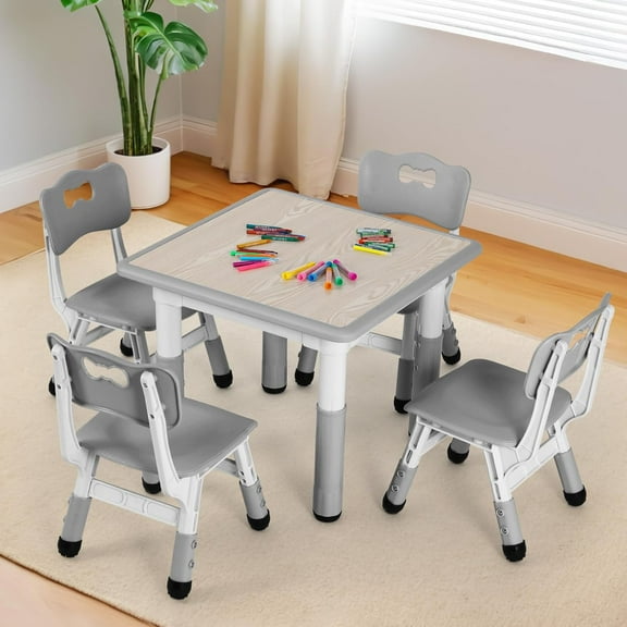 LAZY BUDDY Kids Table and 4 Chairs Set, Height Adjustable Toddler Desk and Chair Set with Graffiti Desktop, Children Multi-Activity Table for Classroom/Daycare/Home
