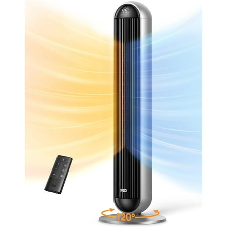 Tower Fan Heater Combo with Remote, 12H Timer, 17 Speed Levels, 6 Modes, 120° Oscillation, 42 Inch, 25dB Quiet, 29.2ft/s Airflow for Bedroom, Large Room, Office, Silver Standing Fan