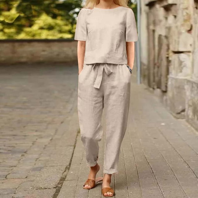 Ensembles de Gym pour Femmes 2 Pcs Mode Féminine Col Rond Manches Courtes Hauts Pantalons Ensembles Décontractés Ensembles Assortis pour Femmes Été en Liquidation