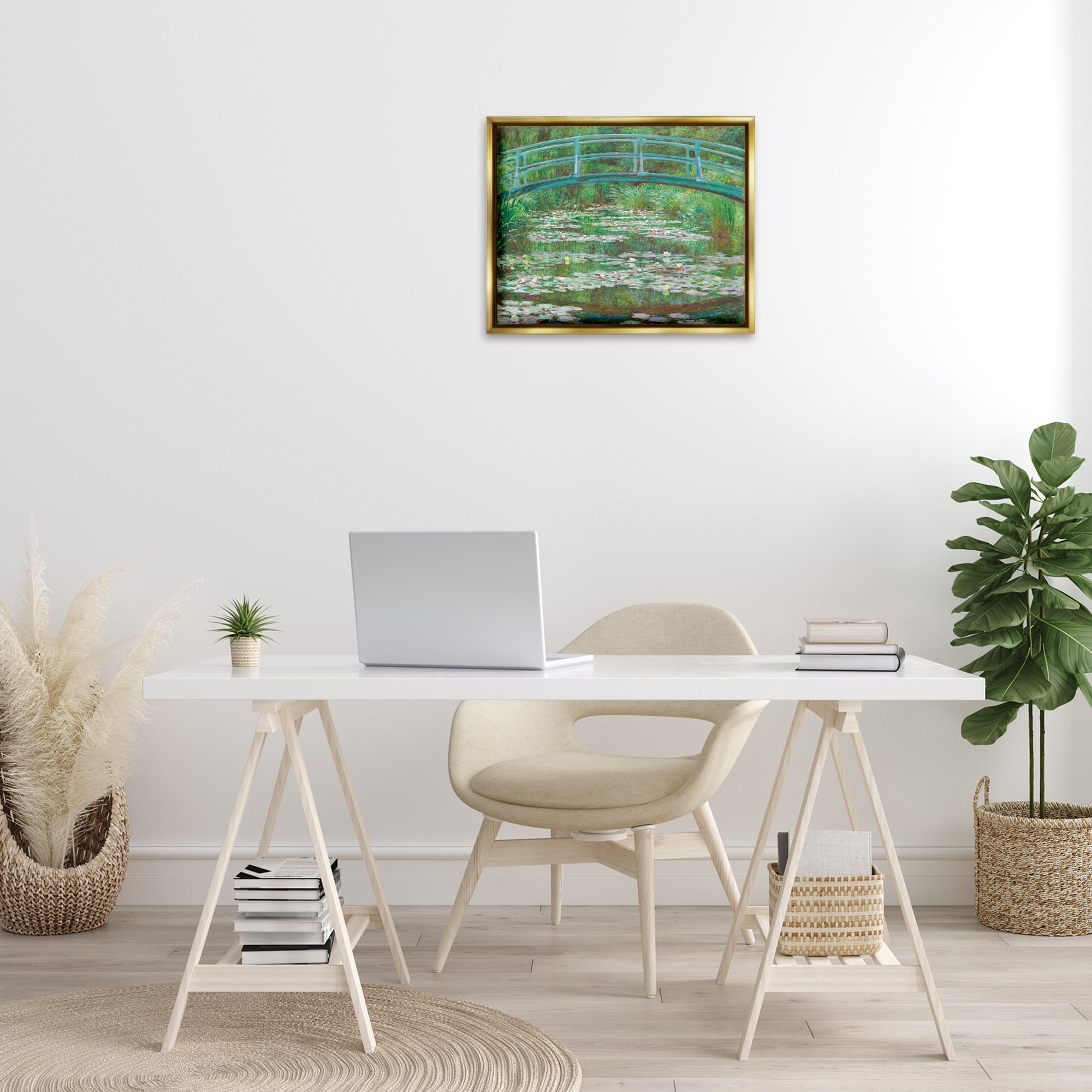 Stupell Industries Classic Monet Japanese Footbridge Landscape & Nature Painting Gold Floater Framed Canvas Art Print Wall Art, 21 x 17