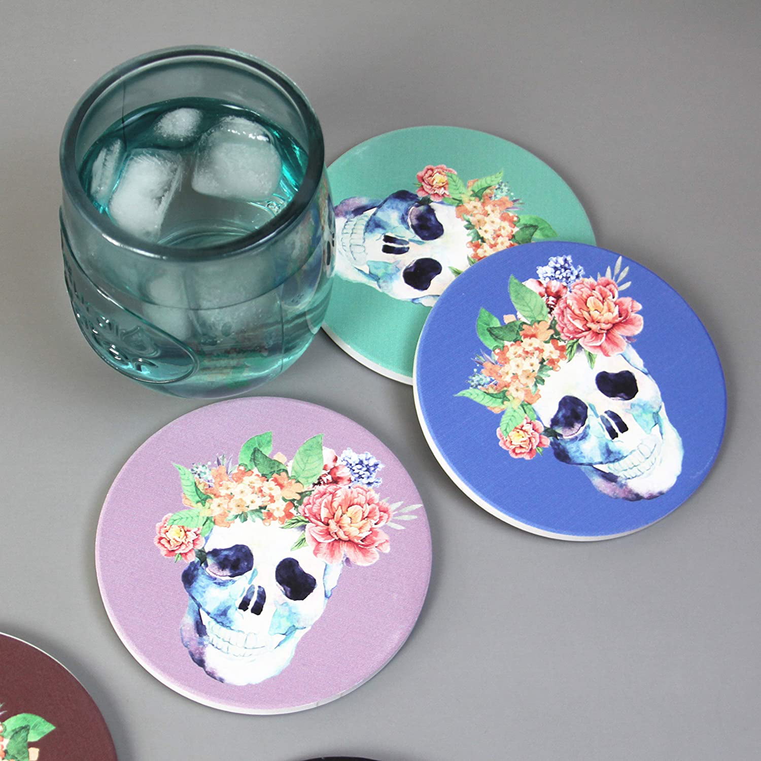 6 Pack Navy Coasters in Holder Plus 6 Absorbent Sugar Skull Cup Mats with Cork Backing Blue Coaster Set & Ceramic Coasters Bundle