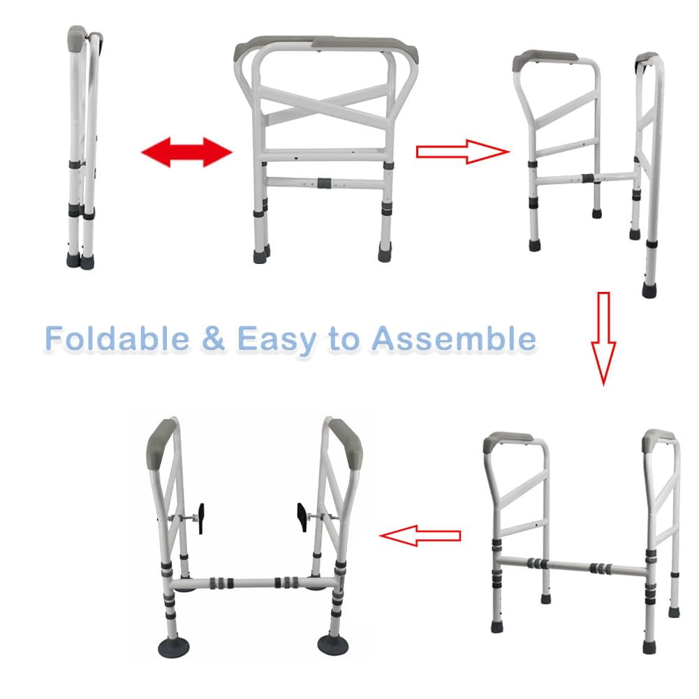 Toilet Safety Rails, Bathroom Frame, Adjustable Height, Bariatric Assist Handrail Grab Bar with Suction Cups, Railing Helper for Elderly, Handicap, Disabled, Seniors, Padded Arms Fit Most Toilets