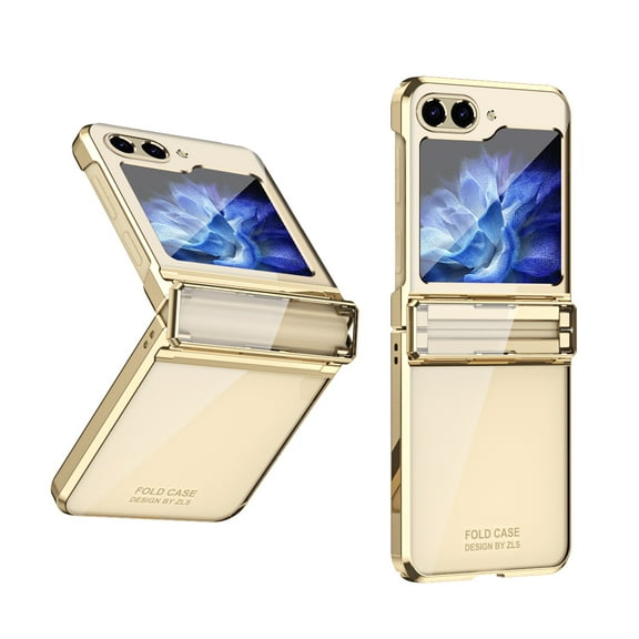 ELEHOLD for Samsung Galaxy Z Flip 5 Rugged Clear Case with Hinge Protection Transparent Clear Luxury Plating Shockproof Protective Case for Samsung Z Flip 5, Gold