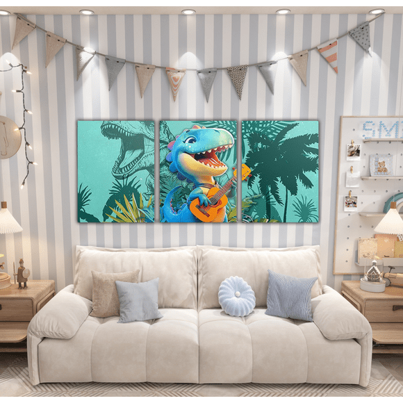 Erosebridal Funny Dinosaur Dino Paintings Wall Decor Framed, Tropical Jungle Palm Tree Wall Hanging Decor Bedroom, Cute Animal Wall Decorations for Living Room, Luxurious Bedroom Decorative