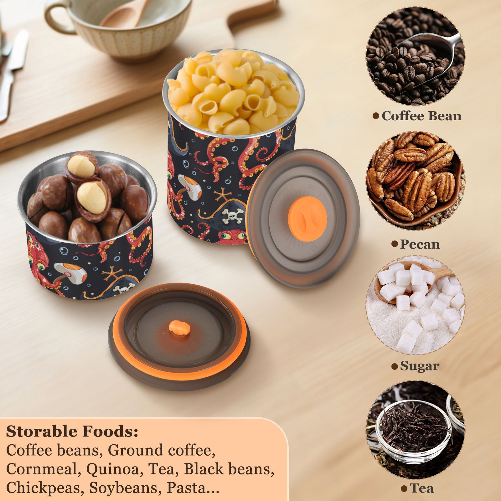 Octopus Captain Bubble Airtight Coffee Bean Canister 30oz Food Storage Containers with Lids For Gournd, Tea, Sugar, Flour, Rice, Cereal, Candy Cookie Jar