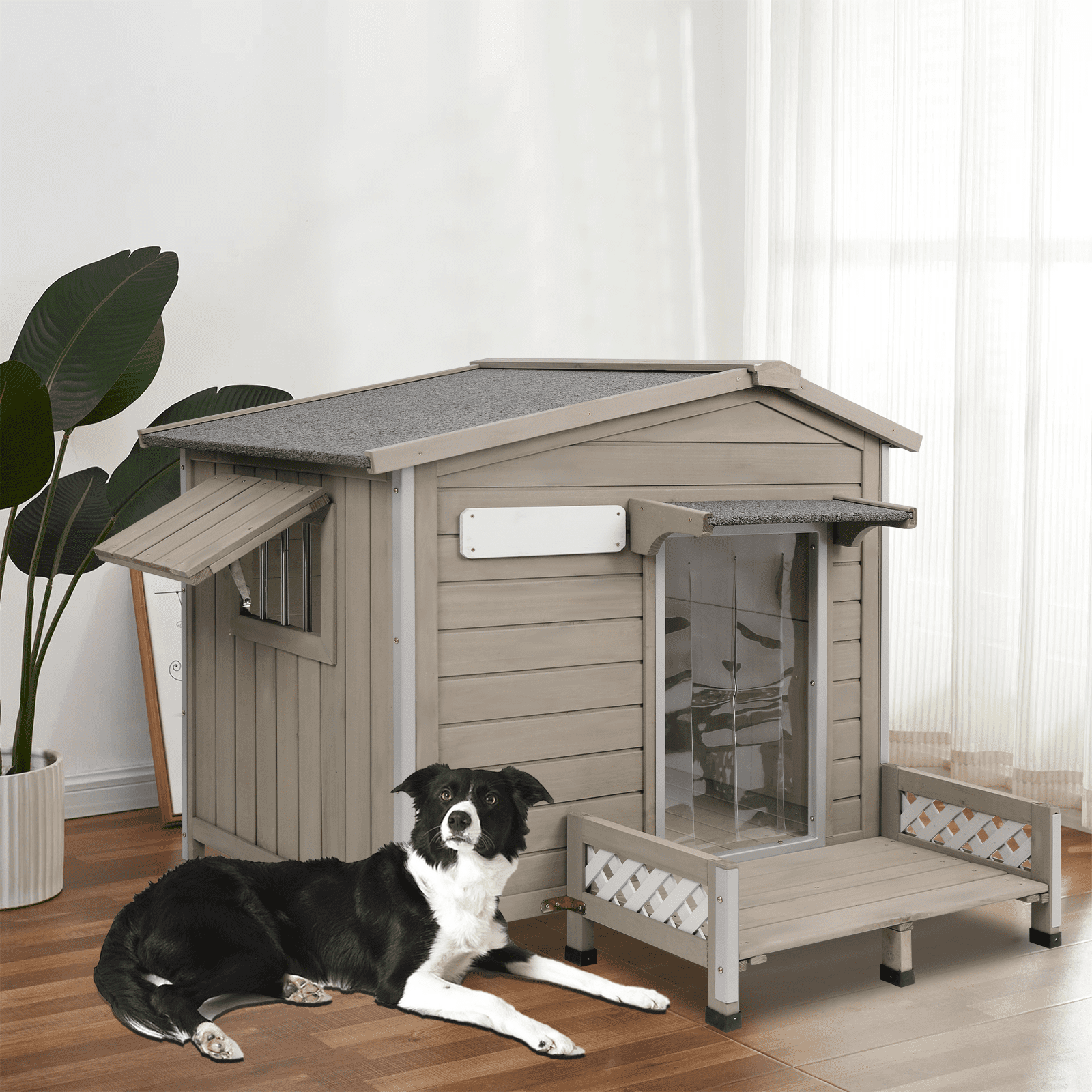 Gowoodhut 41" L Outdoor Dog House with Porch, Wooden Dog Kennel with Asphalt Roof