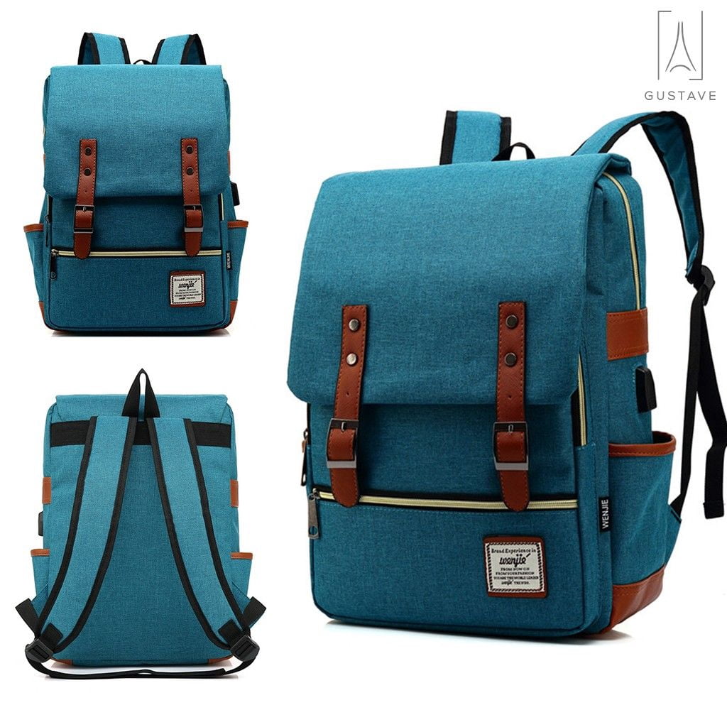 Gustave Canvas Anti-Theft Laptop Backpack for Men Women Large Capacity Casual Travel Backpack Daypack Computer Bag with USB Charging Port "Blue"