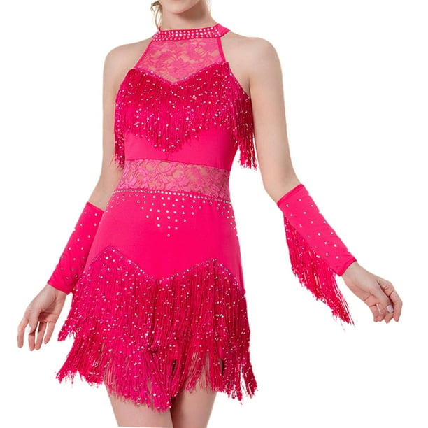Vestido con flecos y borlas para mujer, ideal para fiestas temáticas. Color rojo rosa L