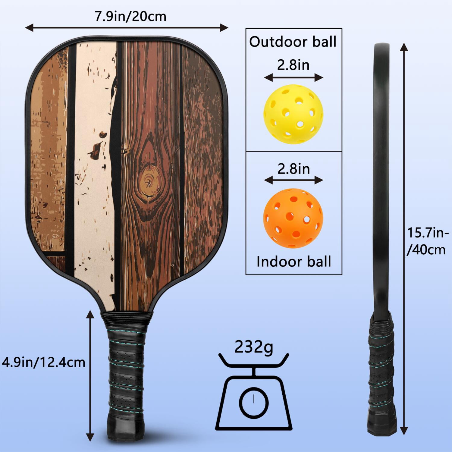 Pickleball Paddles Set Of 2, Fiberglass Surface, Wood Grain Print, 4 Balls & Bag