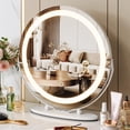 thumbnail image 1 of 19 Inch Large Round Vanity Mirror with Lights, Round Led Makeup Mirror, Lighted Up Makeup Mirror with Lights for Bedroom Tabletop, Smart Touch Control 3 Colors Dimmable, 360°Rotation (White), 1 of 9