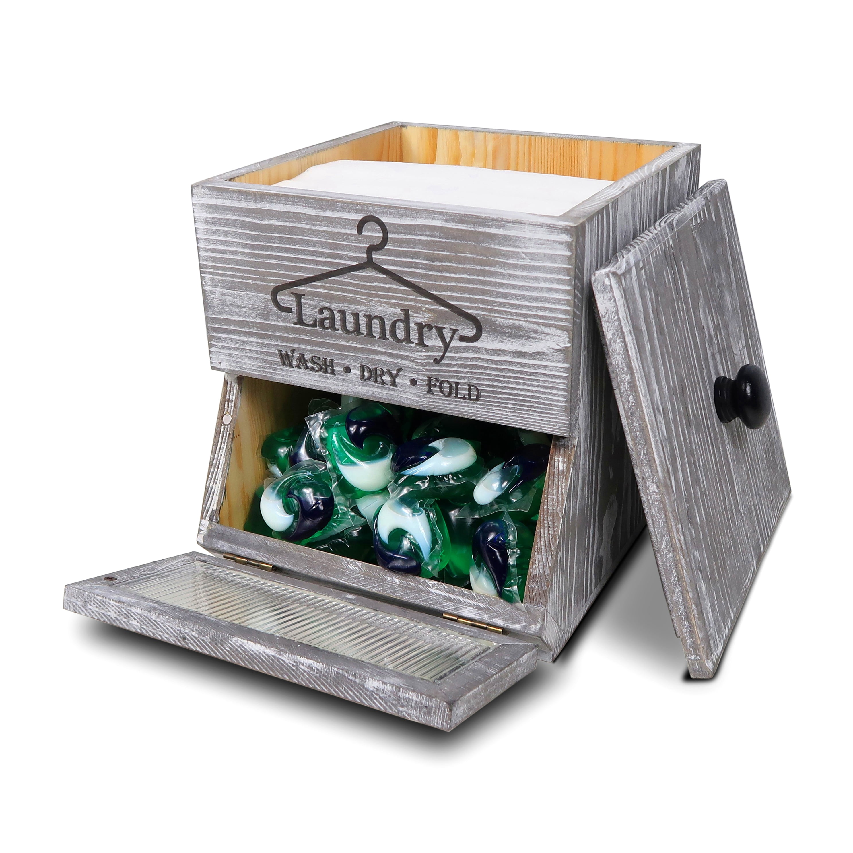 Bekitchen Farmhouse Laundry Pod Holder & Dryer Sheet Container, Laundry Room Organization and Storage, Rustic Grey