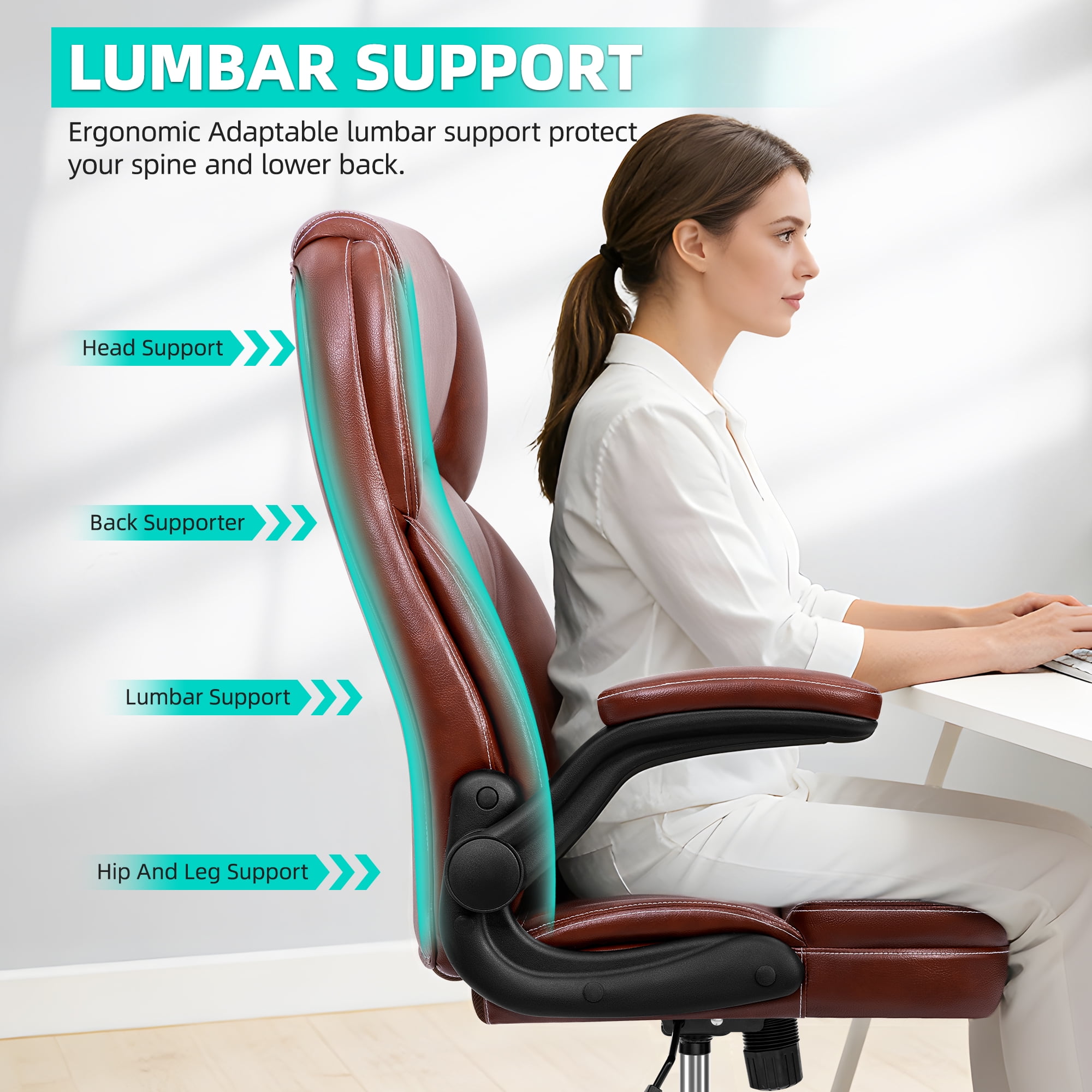 COOLHUT Bige and Tall Executive Office Chair 400lbs, Ergonomic PU Leather Computer Desk Chair with Flip-Up Armrests, Comfy Heavy Duty Office Chair for Home Office Gaming, Vintage Brown