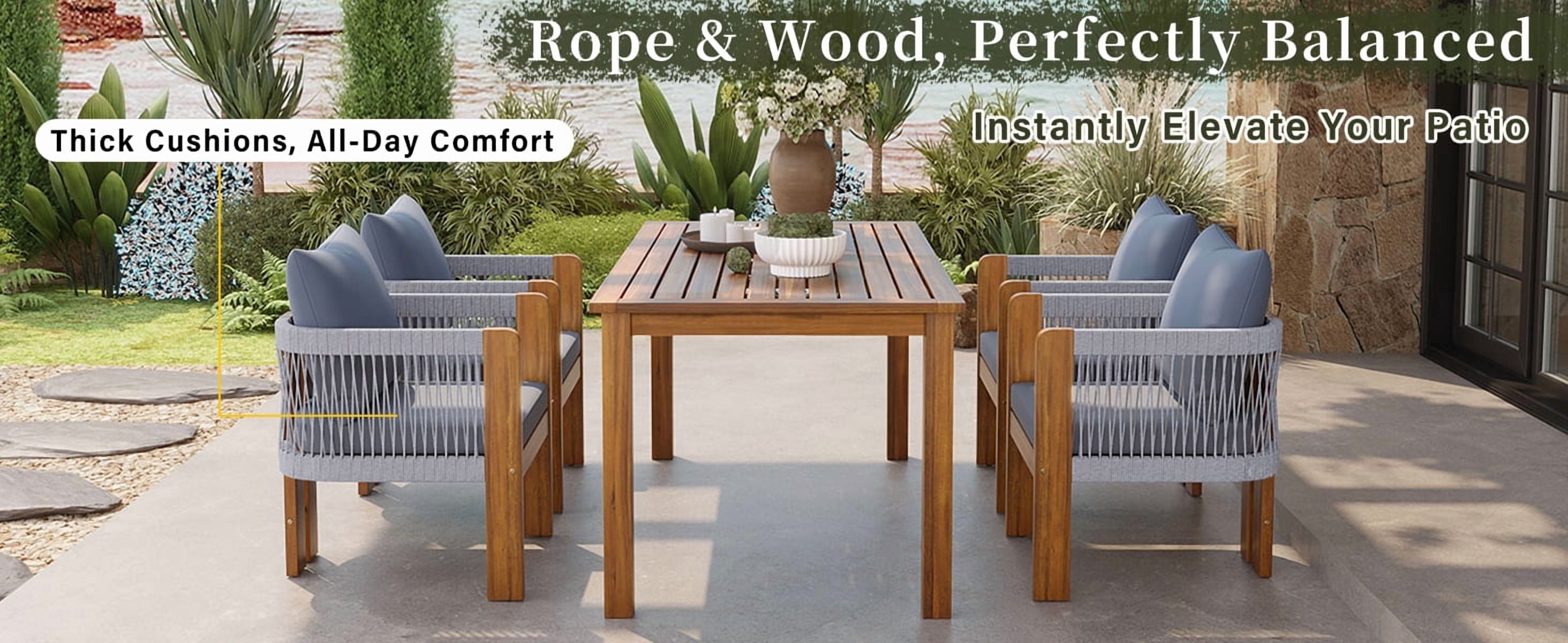 Mintazer 63" 5-Piece Outdoor Dining Set with Rope Woven High Back Chairs & Cushions, Farmhouse Dining Furniture Set for Garden Backyard Poolside, Brown & Gray