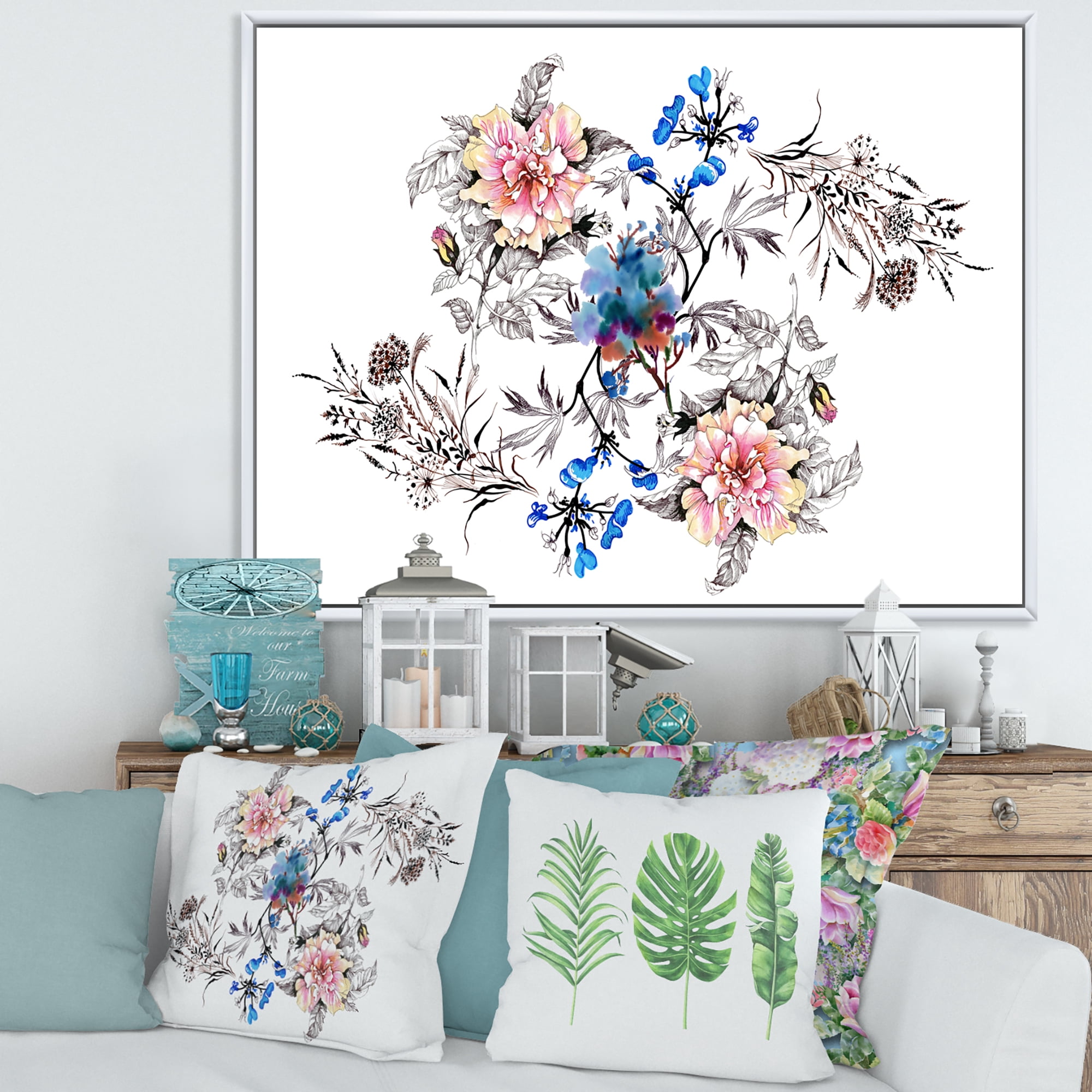 Designart 'Pink and Blue Wildflowers' Traditional Framed Canvas Wall Art Print