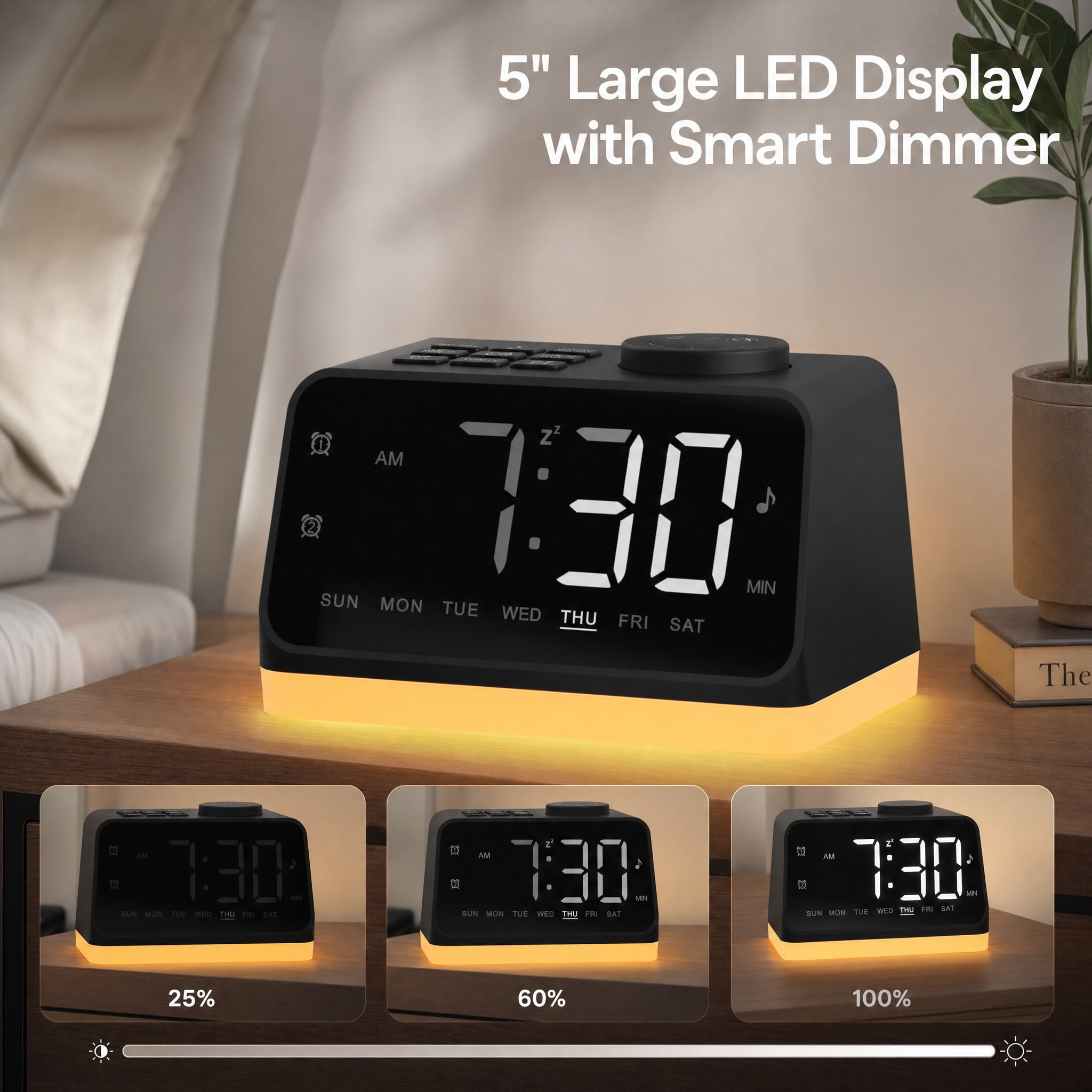Digital Alarm Clock with FM Radio for Bedroom, 8 Colors Night Light with 2 Charging Port, Sleep Sound Machines with Timer, Dual Alarm, Loud Alarm and Easy to Use for Seniors and Kids