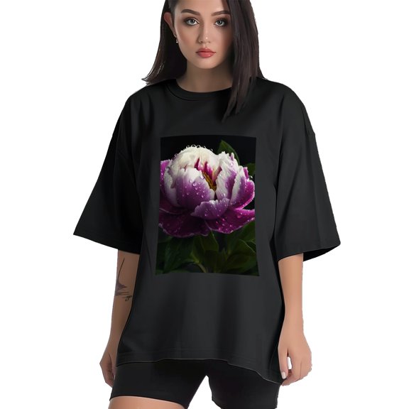 Plus Size Shirt for Women Black Tops for Women Short Sleeves Shirt for Women Peony Flower T Shirt Crewneck Shirt for Women XS