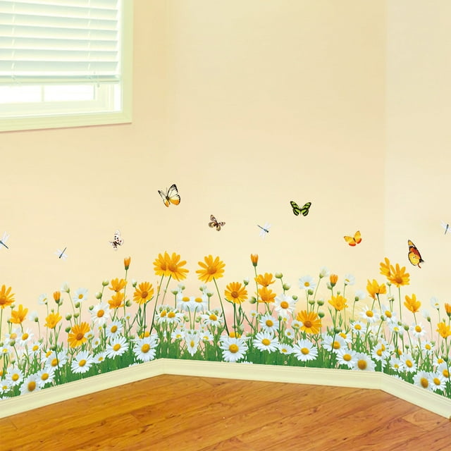 Adhesivos de pared con forma de flor de margarita con mariposas, PVC, 35 x 124 cm