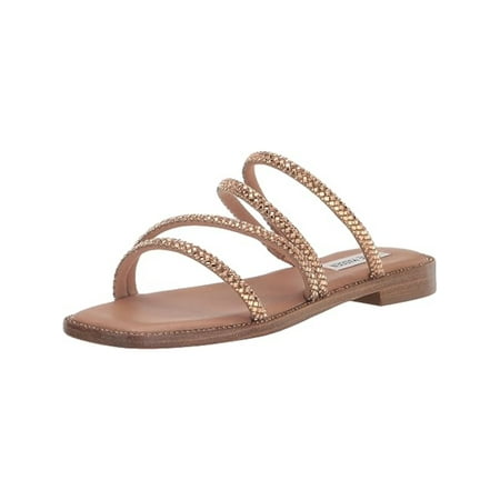 STEVE MADDEN Womens Gold Cushioned Asymmetrical Rhinestone Starie Square Toe Block Heel Slip On Slide Sandals Shoes 9.5