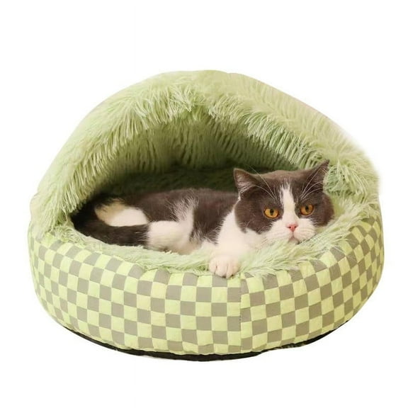 Taotanxi Cat Bed Hooded Plush Nest with Self-Warming Cozy Cave, Calming Anti-Anxiety Pet Bed for Indoor Cats & Small Dogs, Removable Washable Cover & Waterproof Bottom - Green