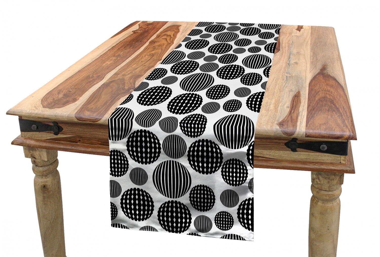 Geometric Table Runner, Monochrome Globe Circles with Internal Stripes