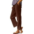 thumbnail image 3 of UVEASISHA Plus Size Pants for Women Linen Summer Pants Elastic High Waist Drawstring Ankle Pants Trendy Casual Pull On Trousers Brown M, 3 of 5