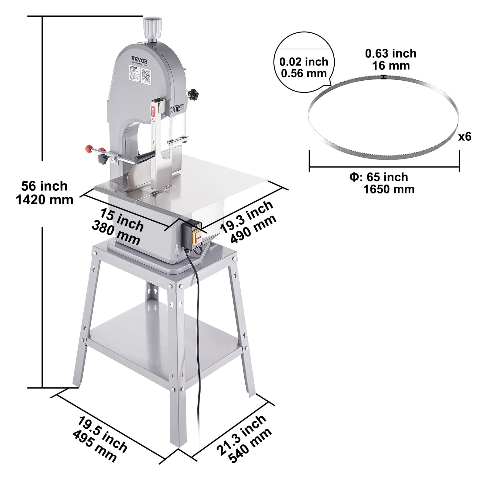 VEVOR Commercial Electric Meat Bandsaw, 1500W Stainless Steel Vertical Bone Sawing Machine, Workbeach 19.3" x 15", 0.16-7.9 Inch Cutting Thickness, Frozen Meat Cutter with 6 Blades for Rib Pork Beef