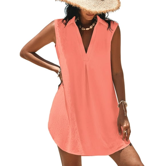 Traje de baño Cover Up Halife para mujer sin mangas con cuello en V, color coral XXL