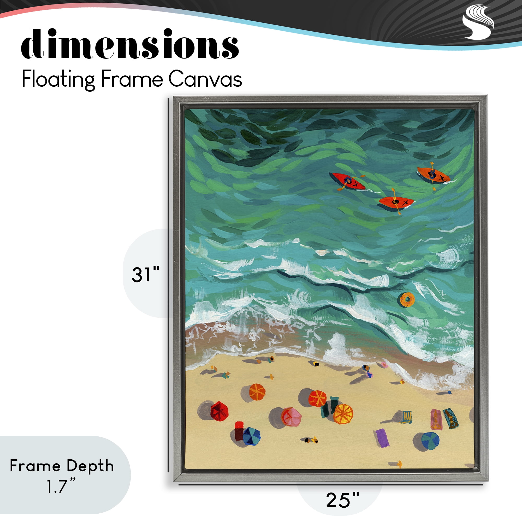 Stupell Industries Three Kayaks in Turquoise Waves Gray Framed Floater Canvas Wall Art, design by Brook Page