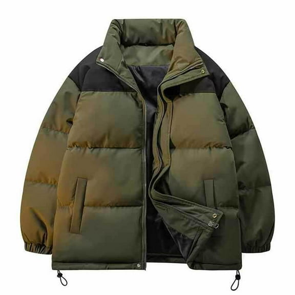 Axiiglly Jackets for Men Zipper Up Warm Winter Jackets Color Block Cotton Puffer Jacket Outdoor Plus Size Work Coats Casual Comfy Wind Breaker Jackets with Pockets