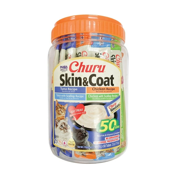 INABA Churu Friandises Naturelles pour Chats Léchables pour la Peau et le Manteau avec Huiles Oméga, Taurine et Vitamine E, 0,5 Onces par Tube, 50 Tubes, Variété Peau & Manteau