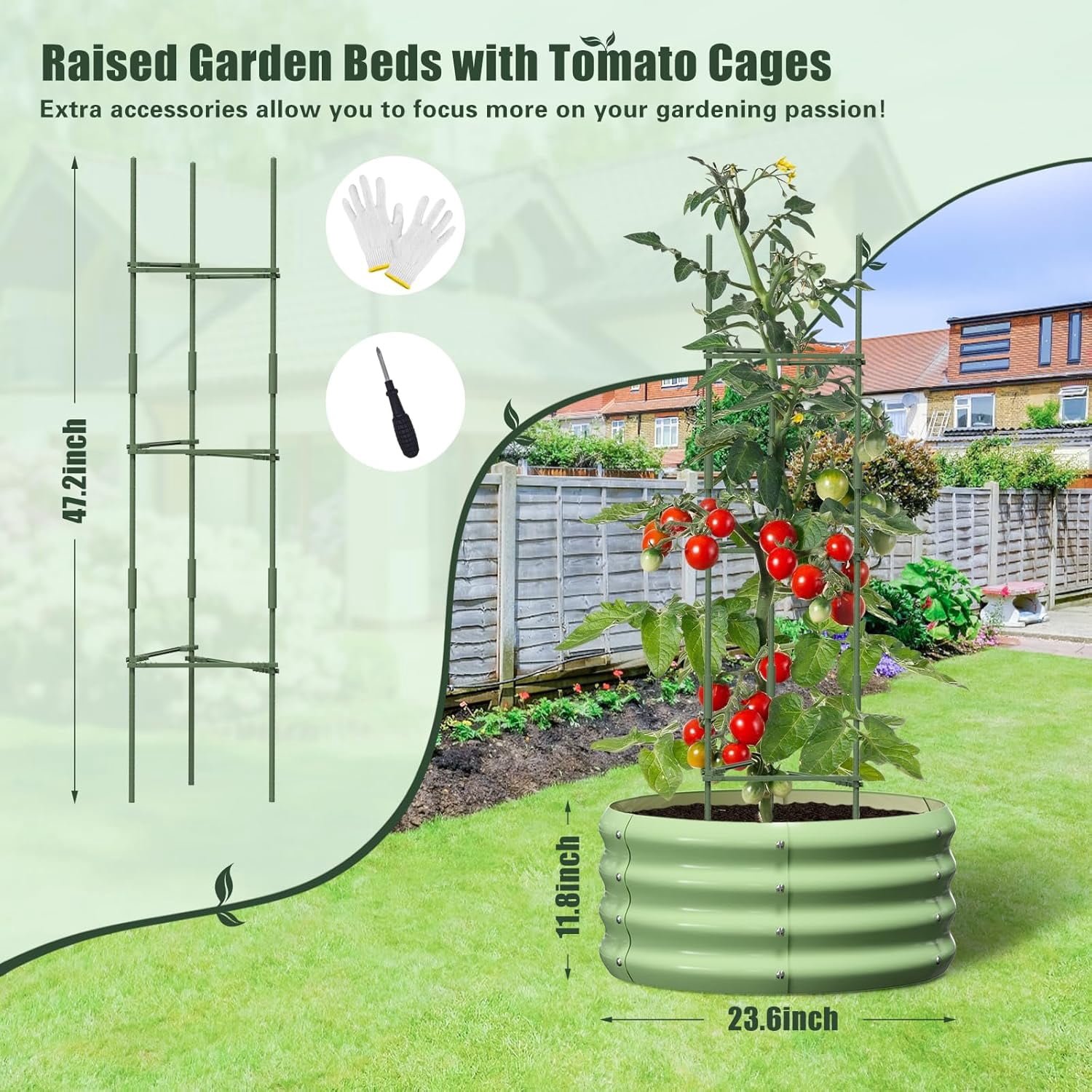 3 Pcs 24x24x12in Round Galvanized Raised Garden Bed Kit with 47"H Tomato Cages, Outdoor Metal Planter Box Raised Garden Beds for Gardening Vegetables Flowers, Green