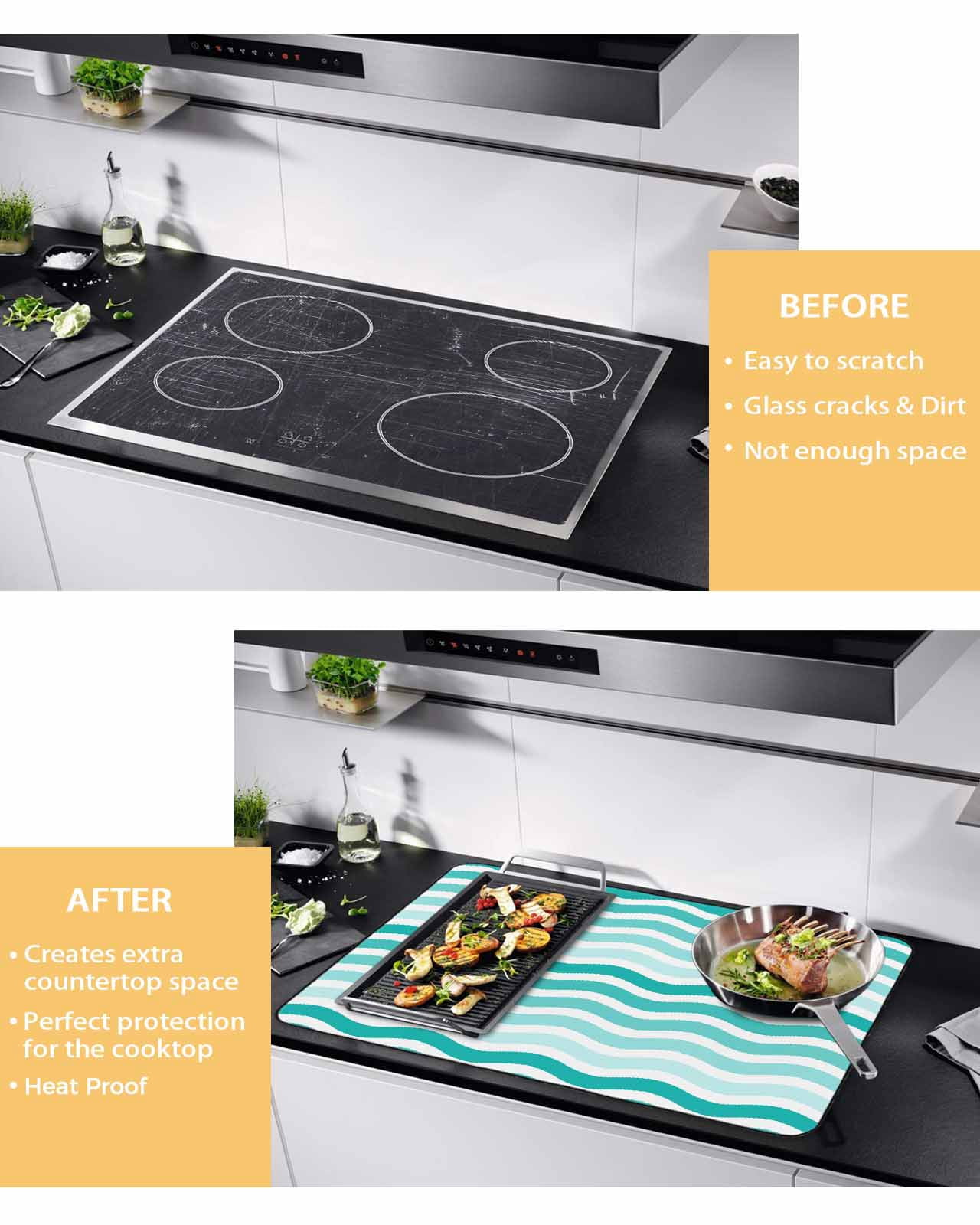 nqOlkjepod Large Induction Cooktop Protector Mat 36"x21", Turquoise Striped Ombre Stove Top Covers for Electric Stove, Geometric Modern Gradient Ocean White Stove Burner Cover Mats Stove Cover