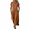 thumbnail image 3 of Women's Linen Cotton Blend Dress with Three Quarter Sleeves Pleated Solid, 3 of 9