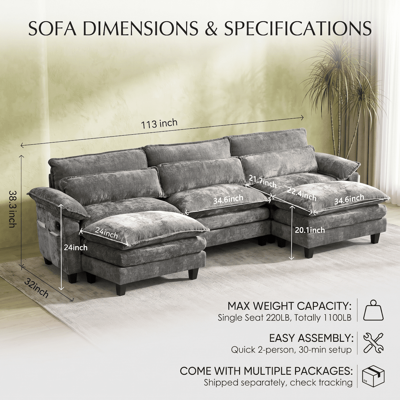 113" Convertible Cloud Sectional Sofa, Modern Chenille L Shaped Couch with Reversible Chaise, Deep Seat 5 Seat Sectional Sofa with Pillows, Comfy Upholstered Couch for Living Room Apartment (Grey)