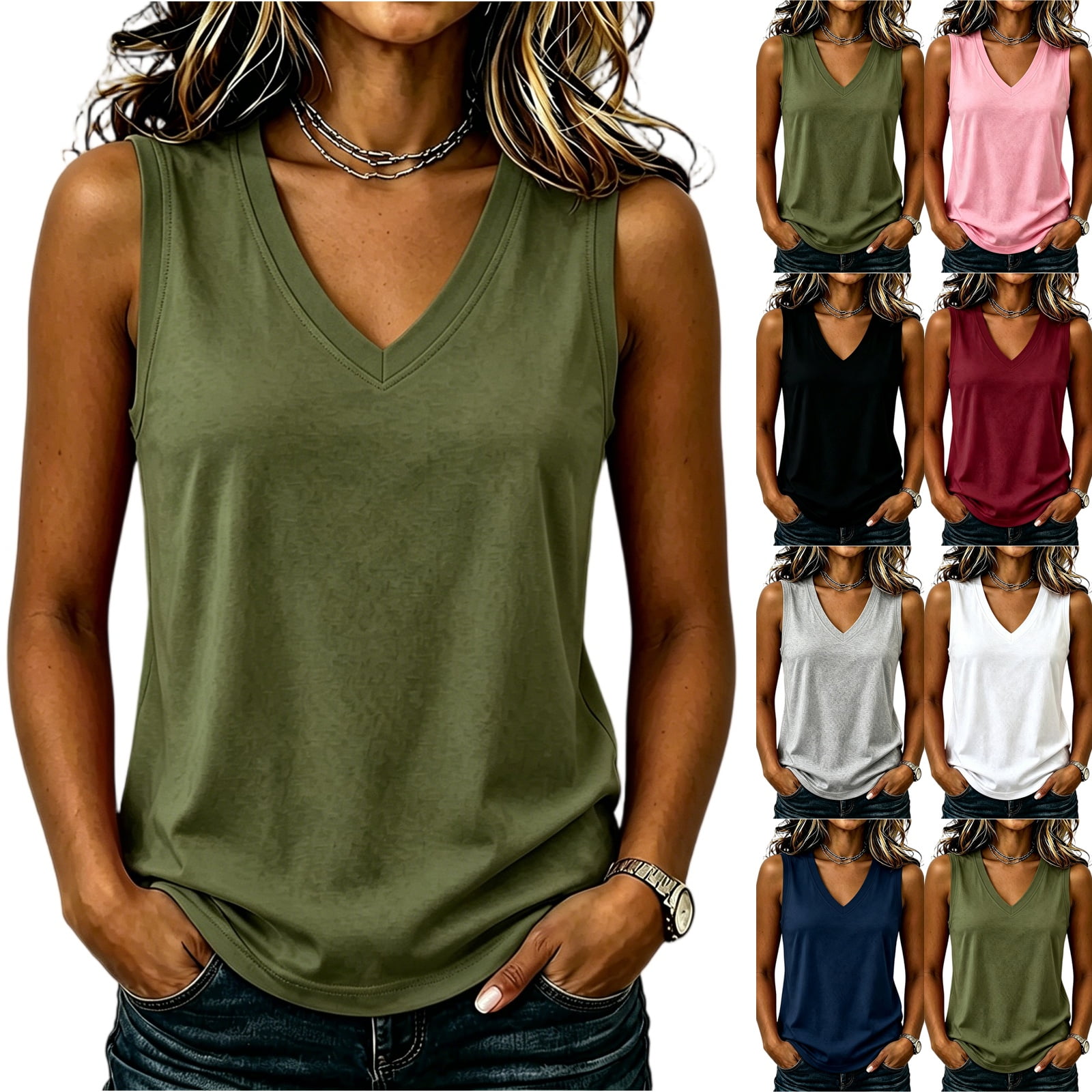 Womens Cotton Linen Tank Tops V Neck Casual Cami Sleeveless Blouses Basic Shirt Summer Clothes Fashion Outfits S Army Green