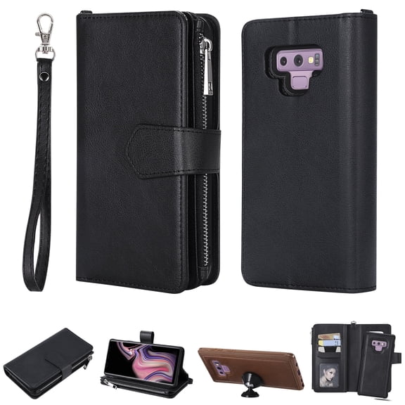 Galaxy Note 9 Wallet Case, Galaxy Note 9 Stand Cover, Allytech Premium PU Leather Wallet Purse Zipper Pocket With 6 Card Slots, Detachable Magnetic Back Case for Samsung Galaxy Note 9, Black