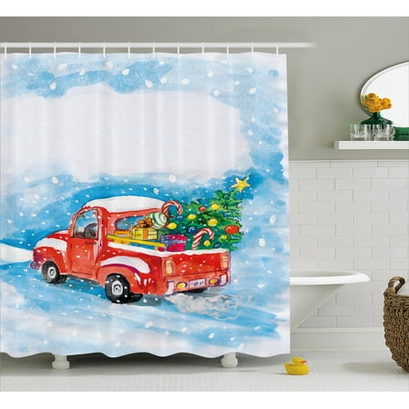Winter Christmas Decor - Christmas Shower Curtain Set, Vintage Red Truck in Snowy Winter Scene with Xmas Tree and Gifts Candy Cane Kids, Bathroom Decor, Blue White Red, by Ambesonne