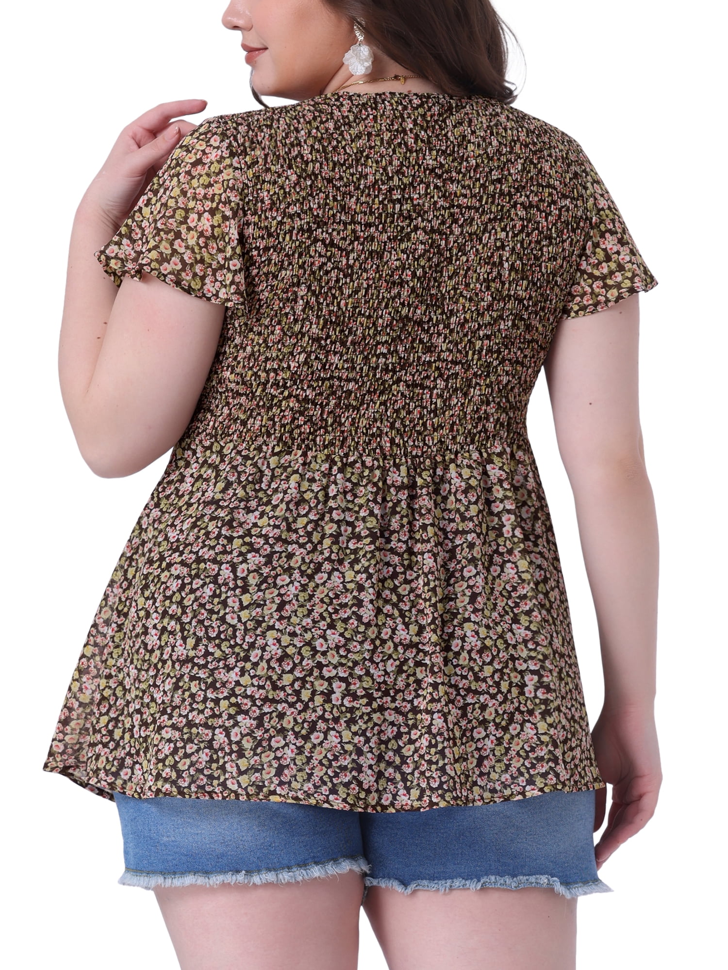 DARING DIVA Women's Plus Chiffon Flare Short Sleeves Floral Top 4X Brown